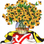 Black Eyed Susans in Vase with Maryland Flag Tablecloth Painting